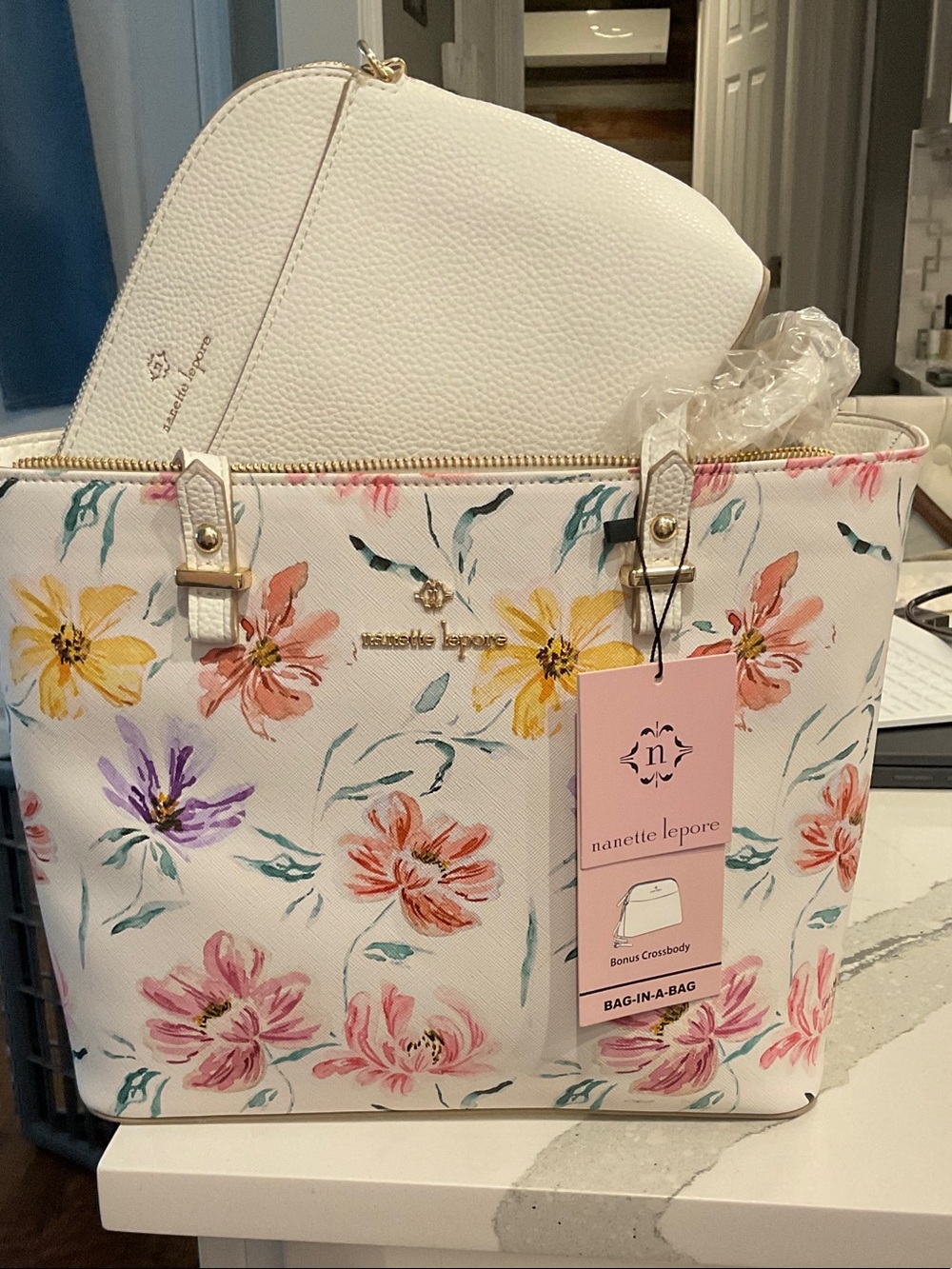 Nanette Lepore White Floral Tote Set with Multicolor Blossoms With Crossbody